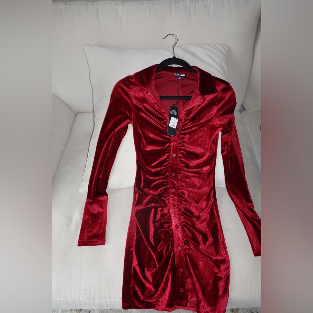 Fashion Nova Burgundy Velvet Button-Up Dress